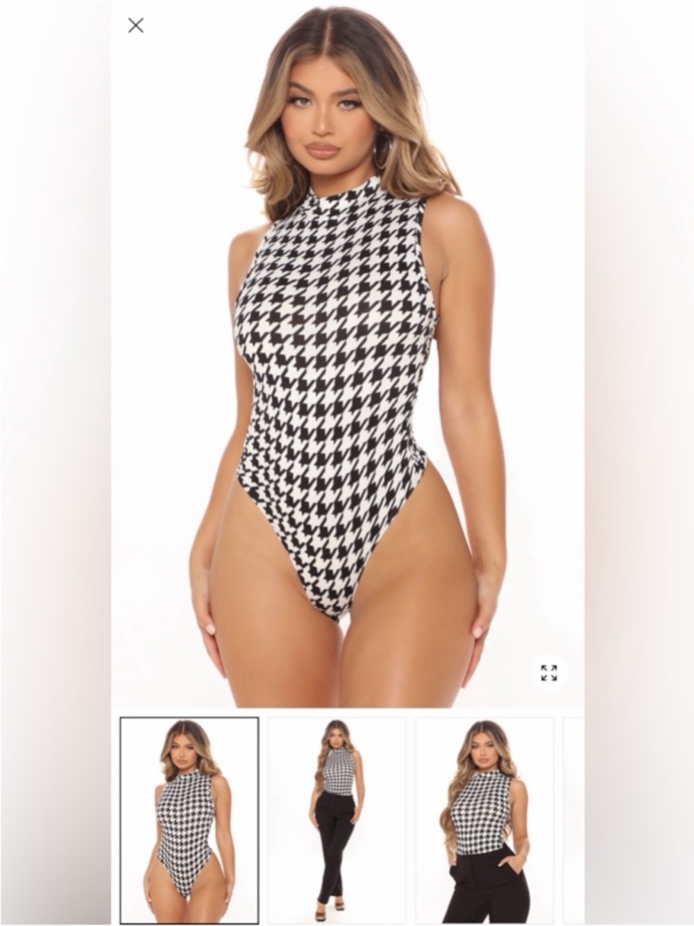 Fashion Nova Black and White Houndstooth Sleeveless Bodysuit
